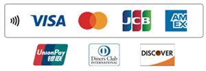 VISA, Mastercard, JCB, AMEX, Diners, Discover